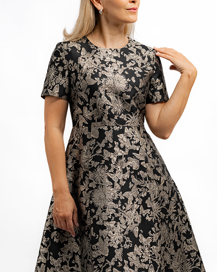 Black & Gold Floral A-Line Midi Dress ENLACE FASHION Black & Gold Floral A-Line Midi Dress ENLACE FASHION