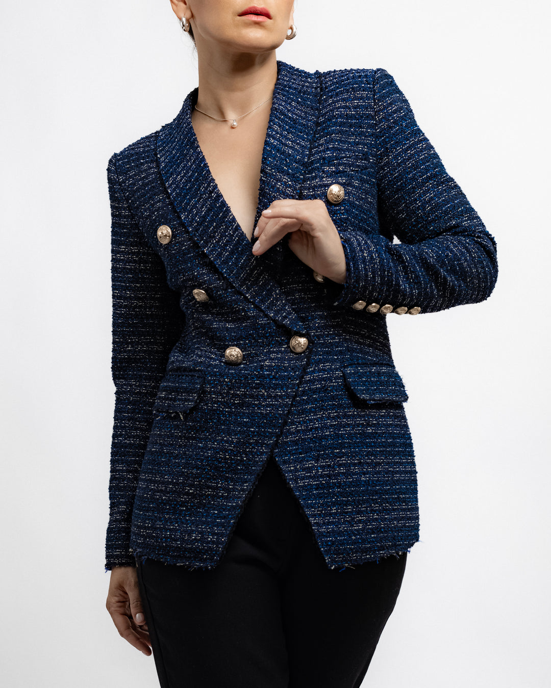 Double-Breasted Tweed Blazer Navy – ENLACE FASHION