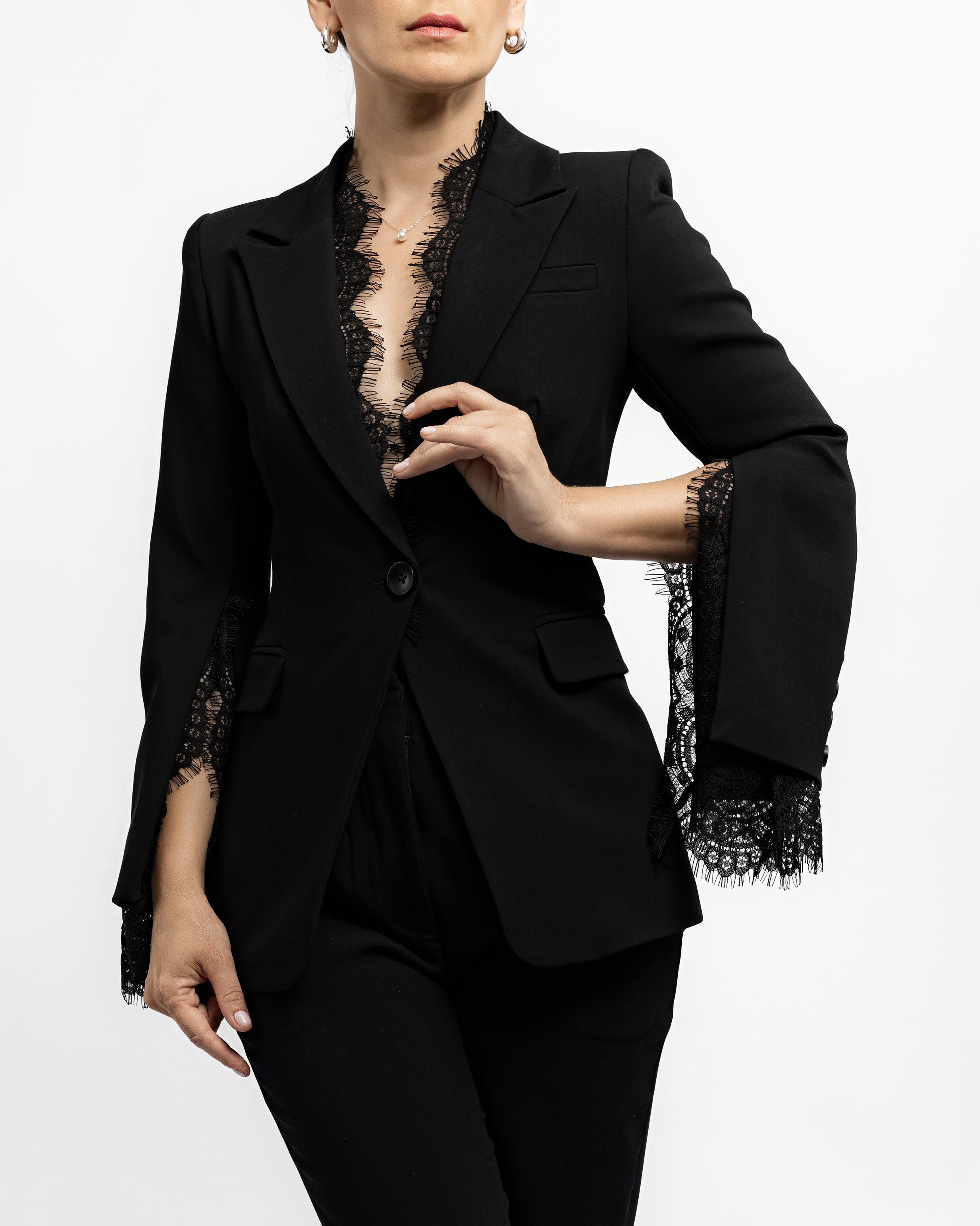 Lace-Trim Tailored Suit – Black – ENLACE FASHION