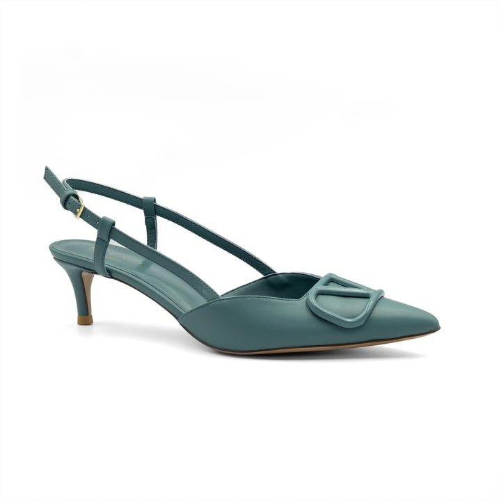 Slingback Kitten Heels with Buckle Detail - Teal