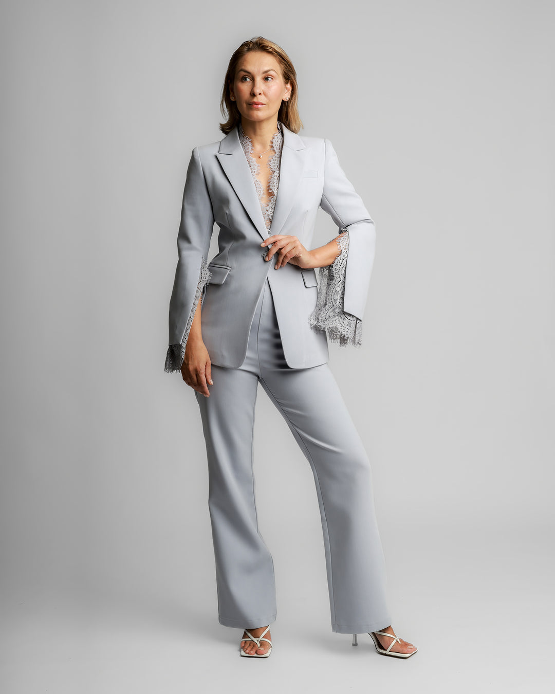 Lace-Trim Tailored Suit – Soft Grey