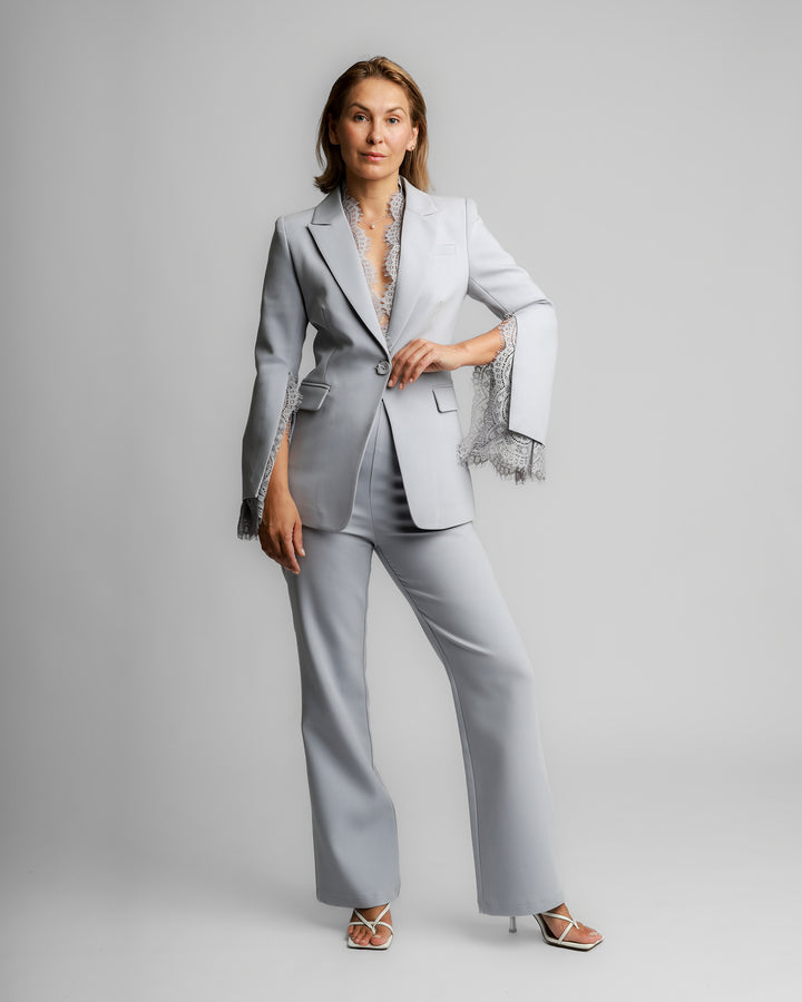 Lace-Trim Tailored Suit – Soft Grey