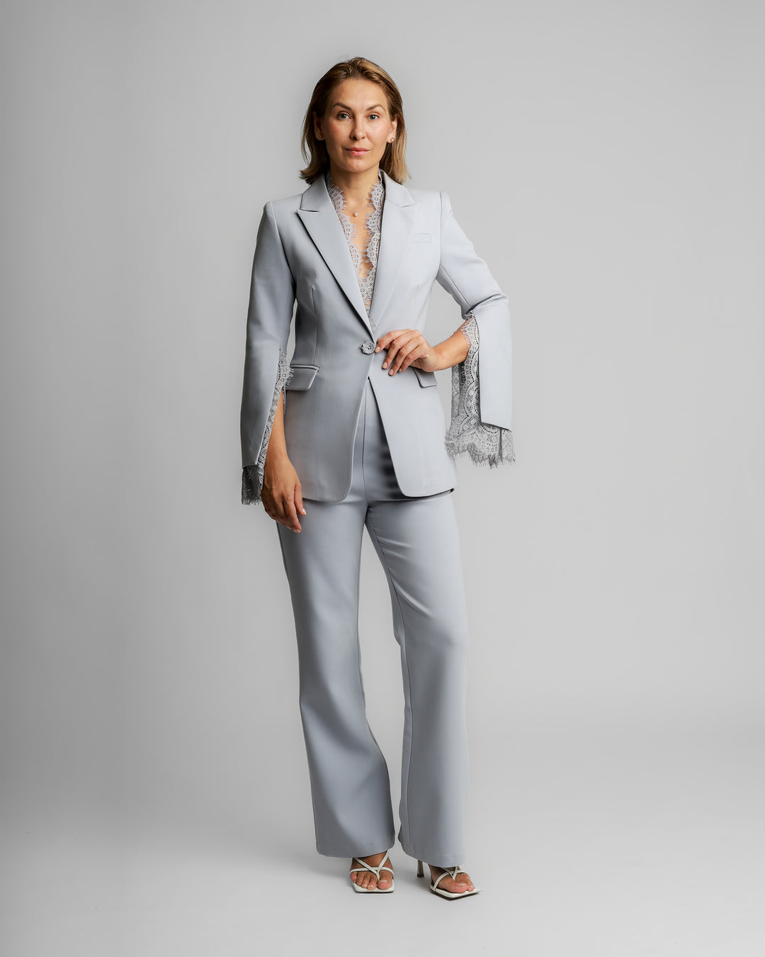 Lace-Trim Tailored Suit – Soft Grey