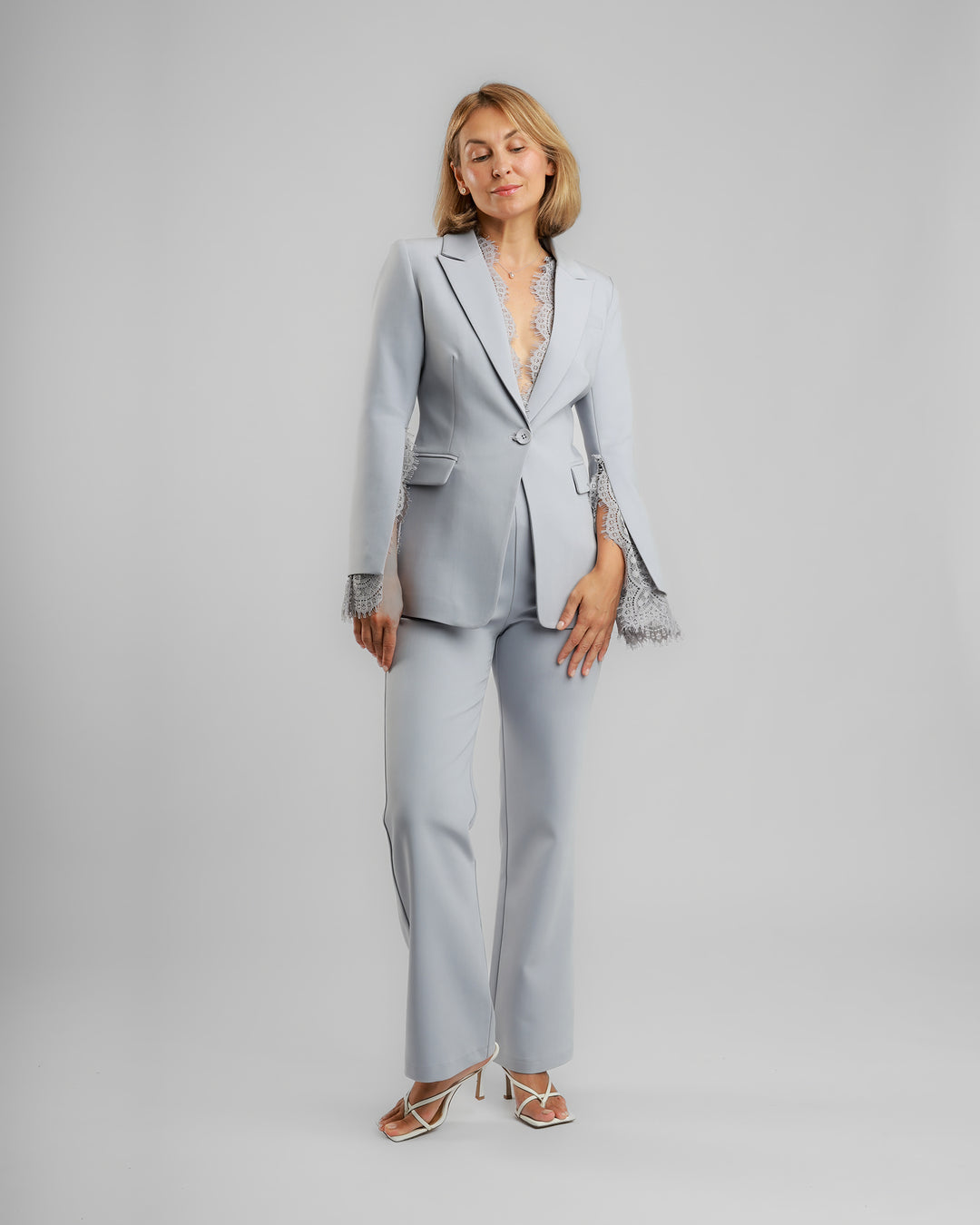 Lace-Trim Tailored Suit – Soft Grey