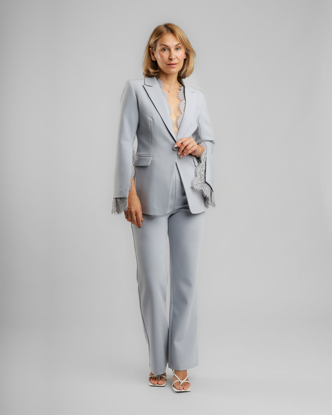 Lace-Trim Tailored Suit – Soft Grey