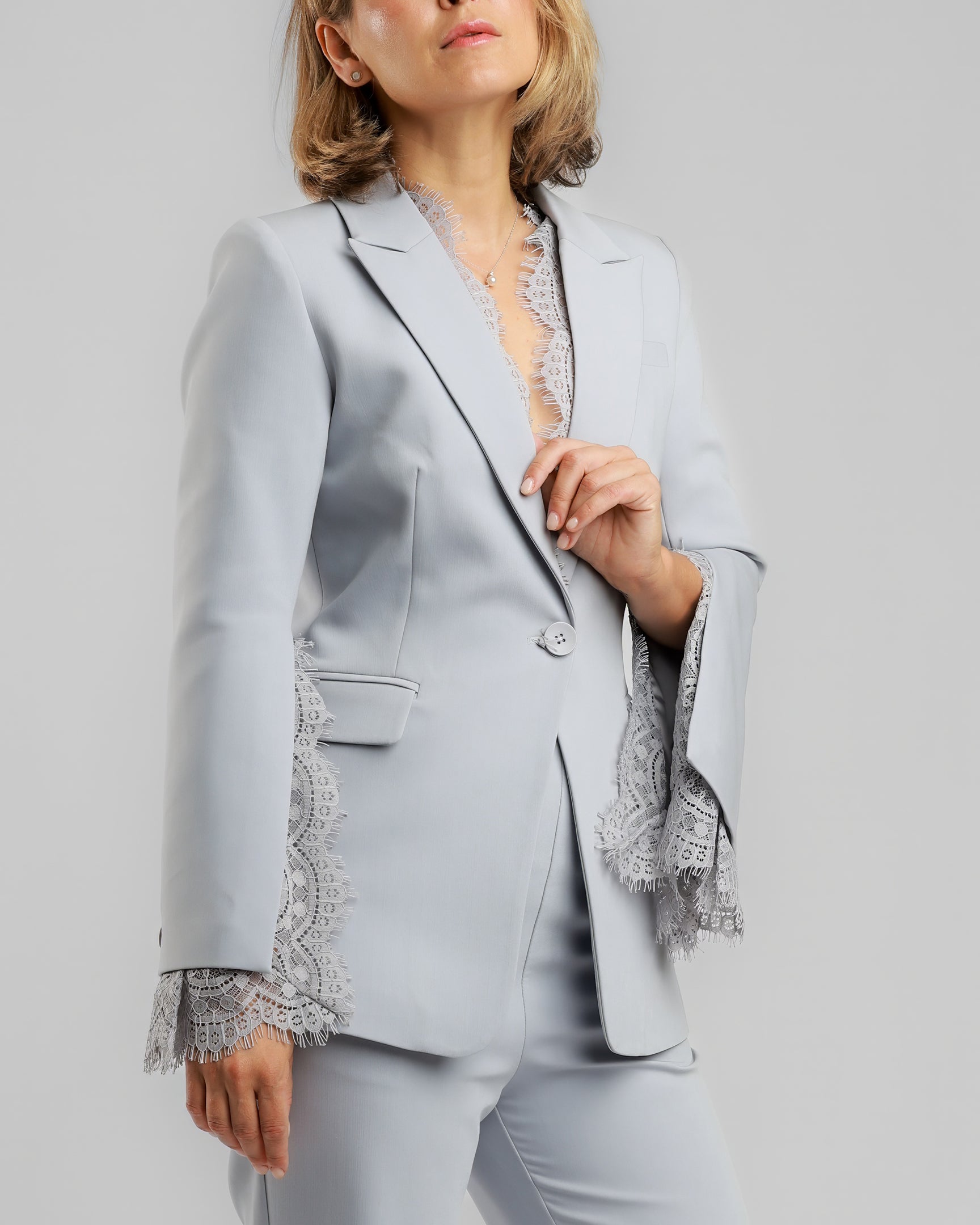 Lace-Trim Tailored Blazer – Soft Grey – ENLACE FASHION
