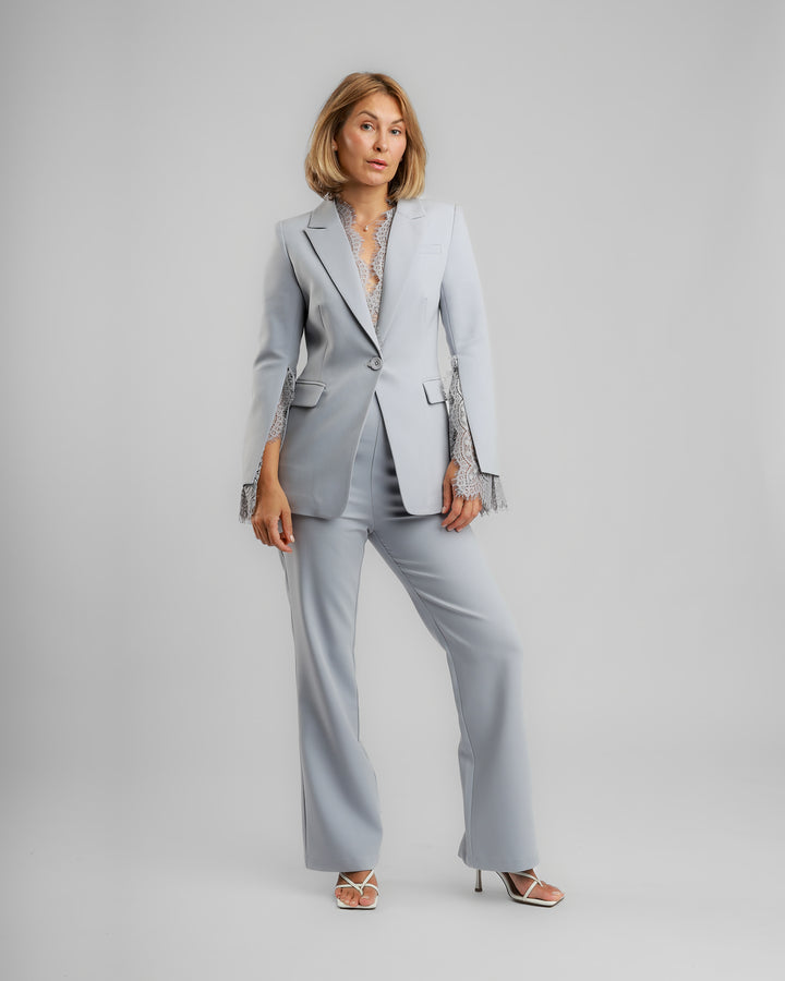 Lace-Trim Tailored Suit – Soft Grey