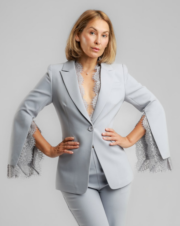 Lace-Trim Tailored Suit – Soft Grey