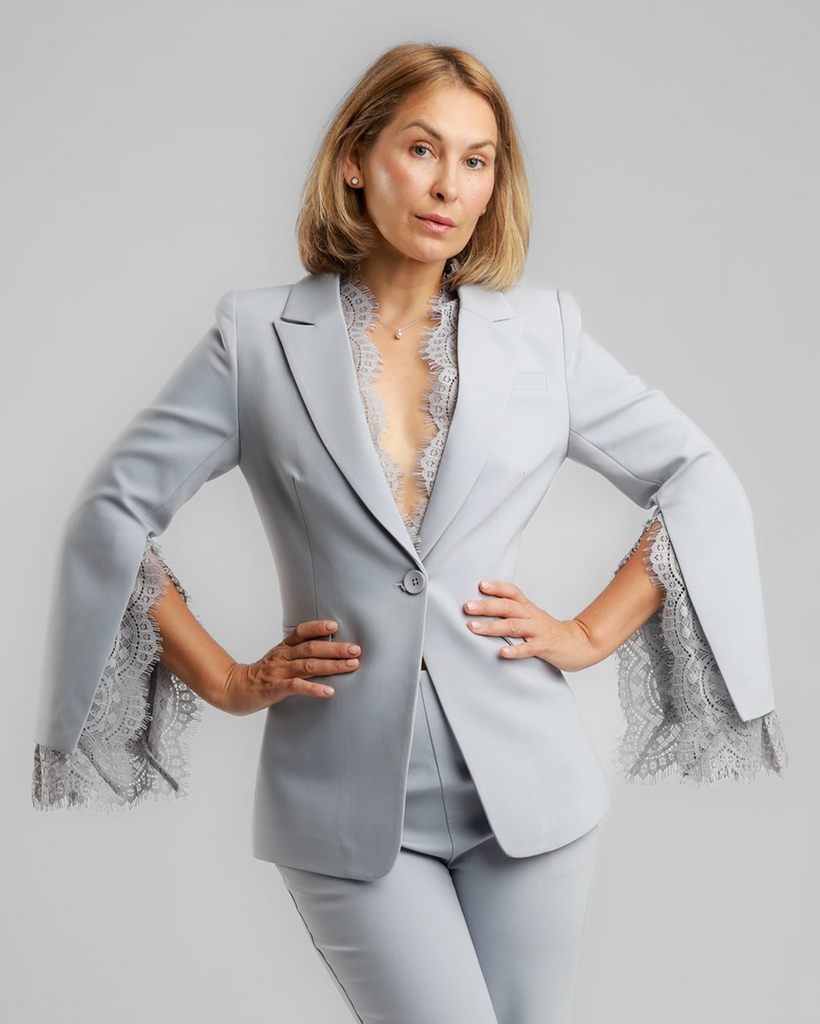 Lace-Trim Tailored Blazer – Soft Grey – ENLACE FASHION