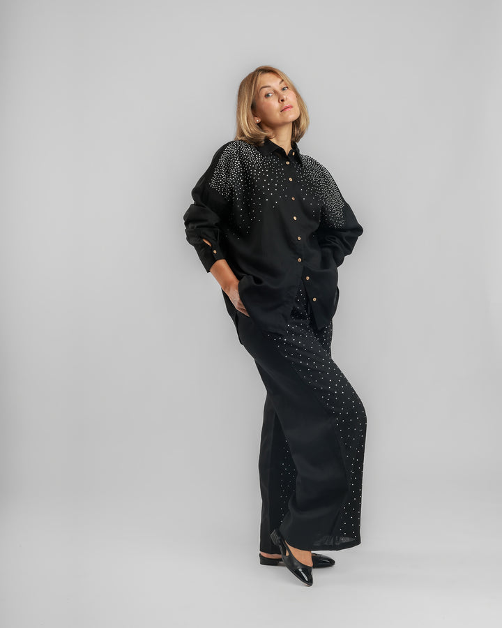 Linen Long Two-Piece Set - Embellished Black
