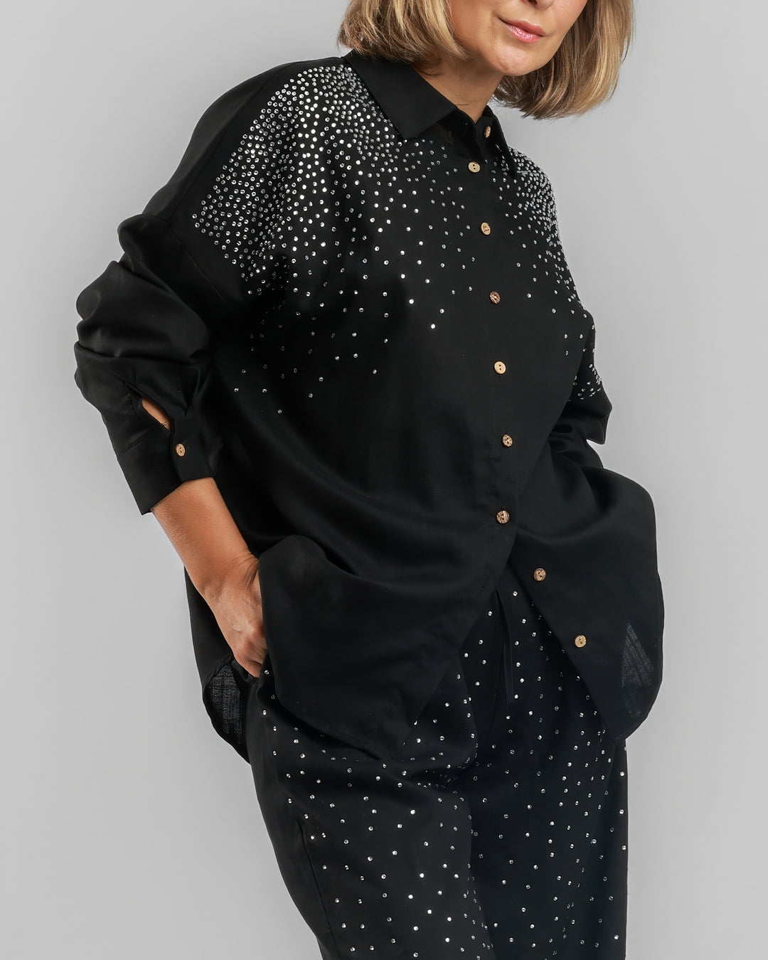 Linen Long Two-Piece Set - Embellished Black