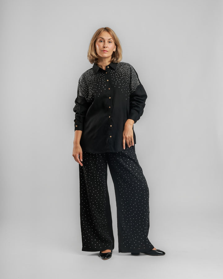 Linen Long Two-Piece Set - Embellished Black