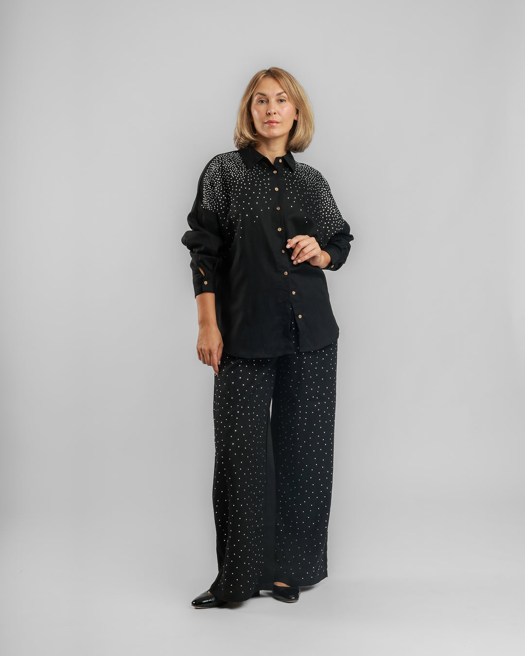 Linen Long Two-Piece Set - Embellished Black