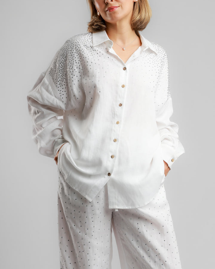Linen Long Two-Piece Set - Embellished White