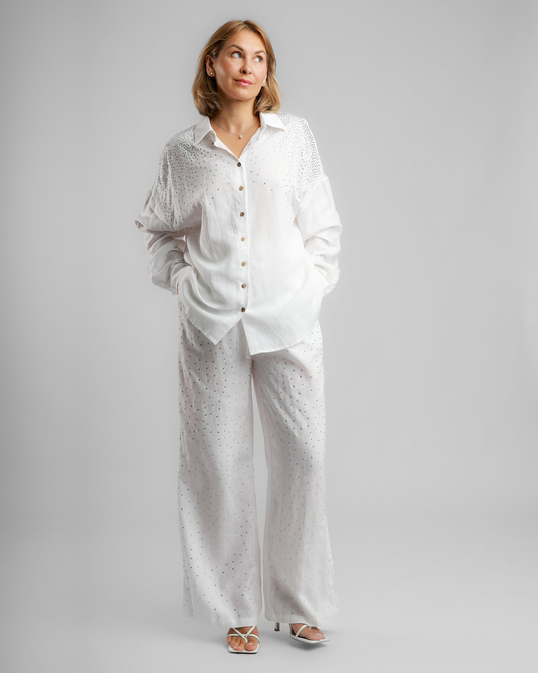 Linen Long Two-Piece Set - Embellished White
