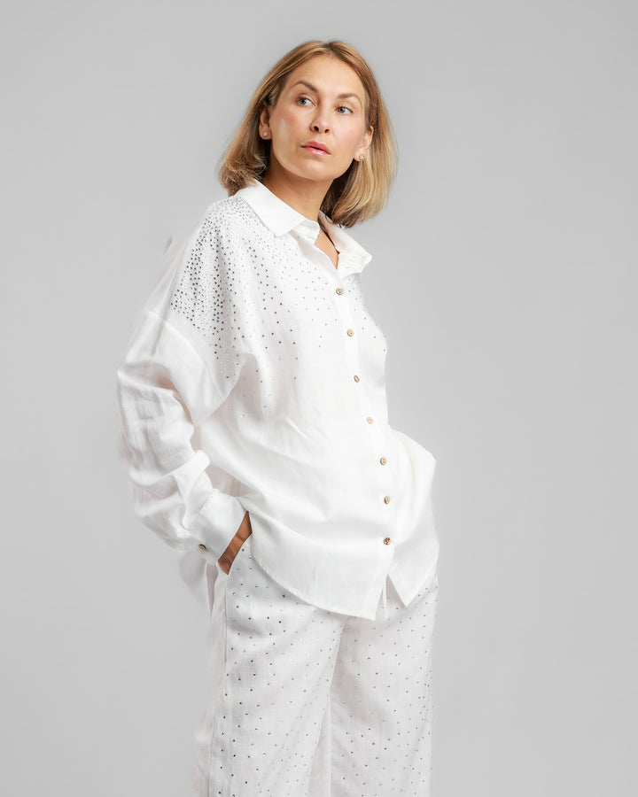 Linen Long Two-Piece Set - Embellished White