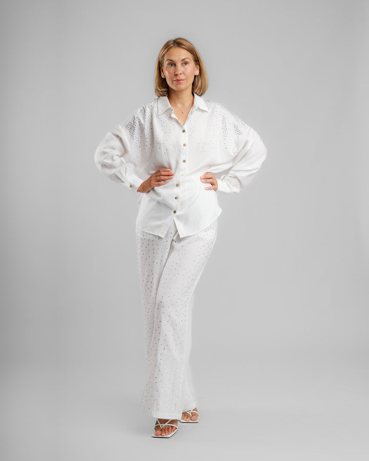 Linen Long Two-Piece Set - Embellished White