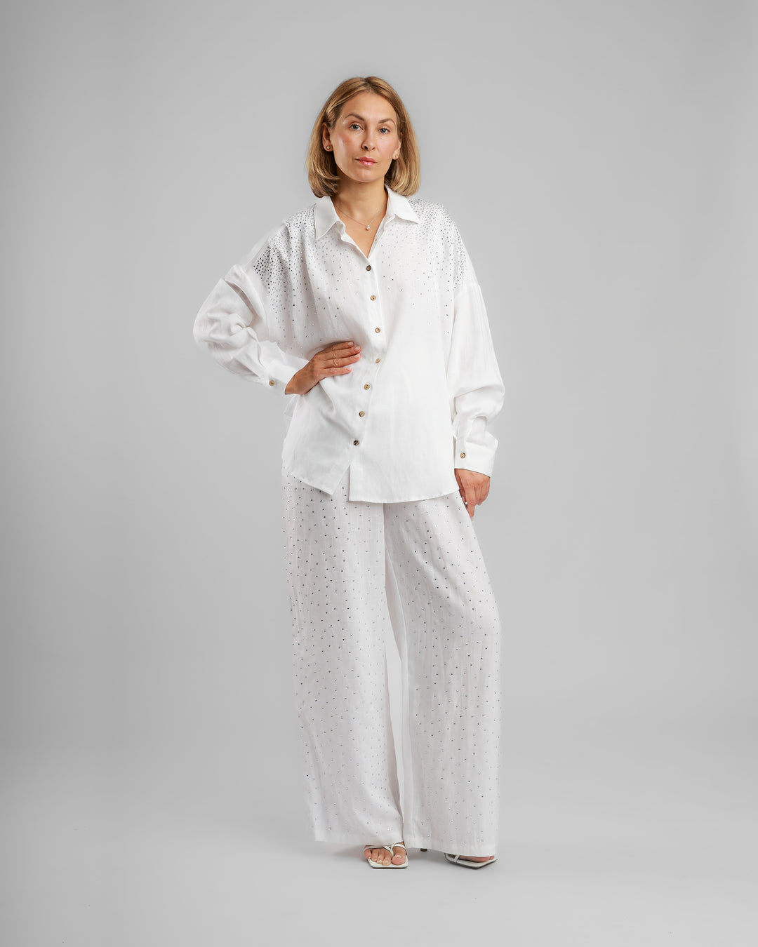 Linen Long Two-Piece Set - Embellished White