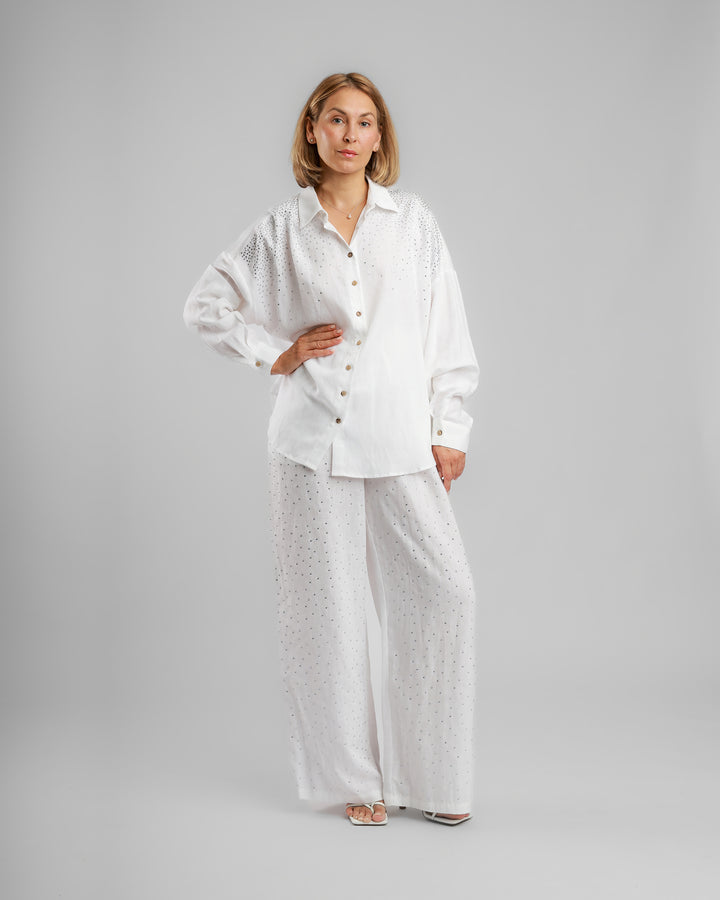 Linen Long Two-Piece Set - Embellished White