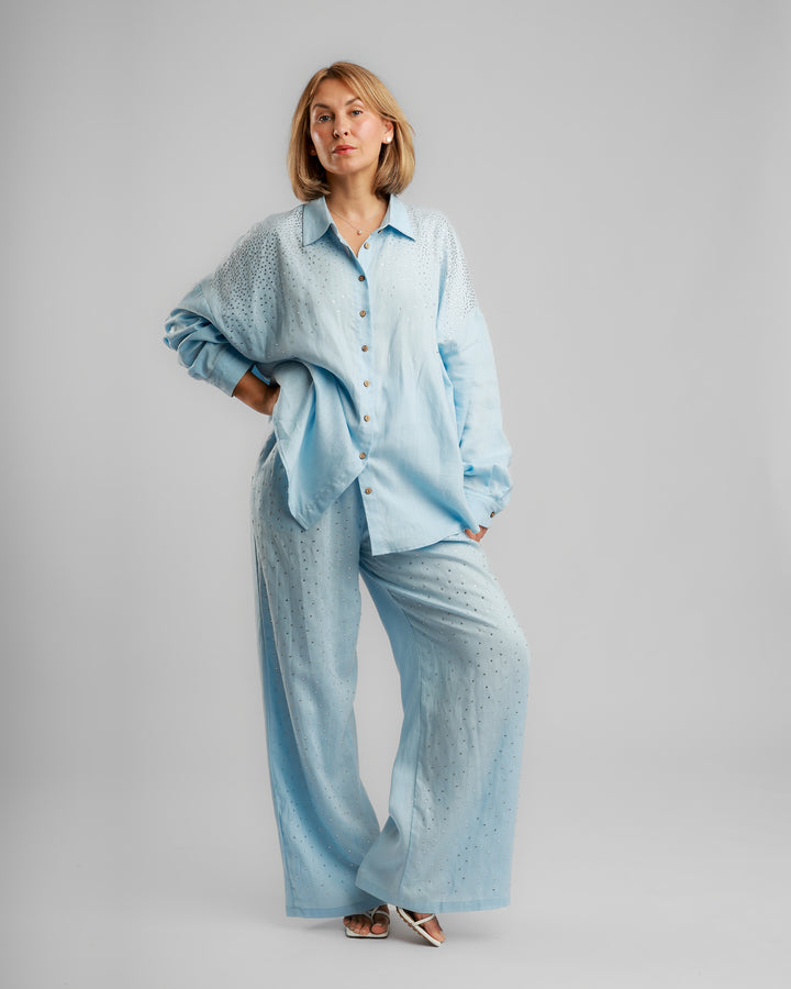Linen Long Two-Piece Set - Embellished Light Blue