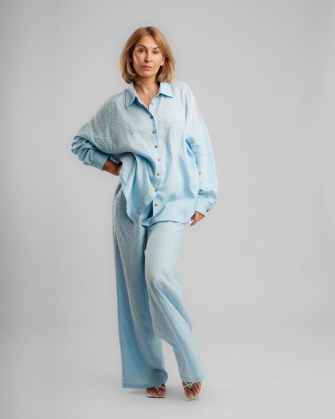 Linen Long Two-Piece Set - Embellished Light Blue