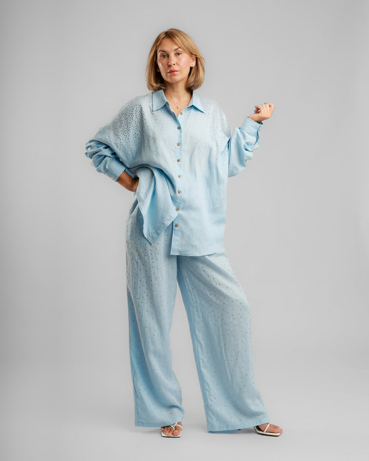 Linen Long Two-Piece Set - Embellished Light Blue