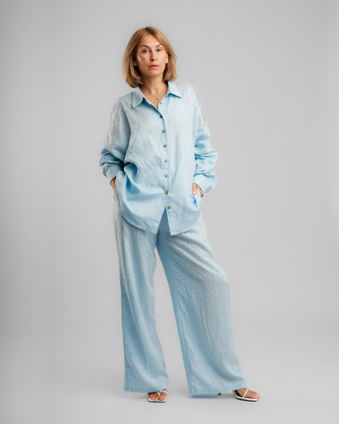 Linen Long Two-Piece Set - Embellished Light Blue