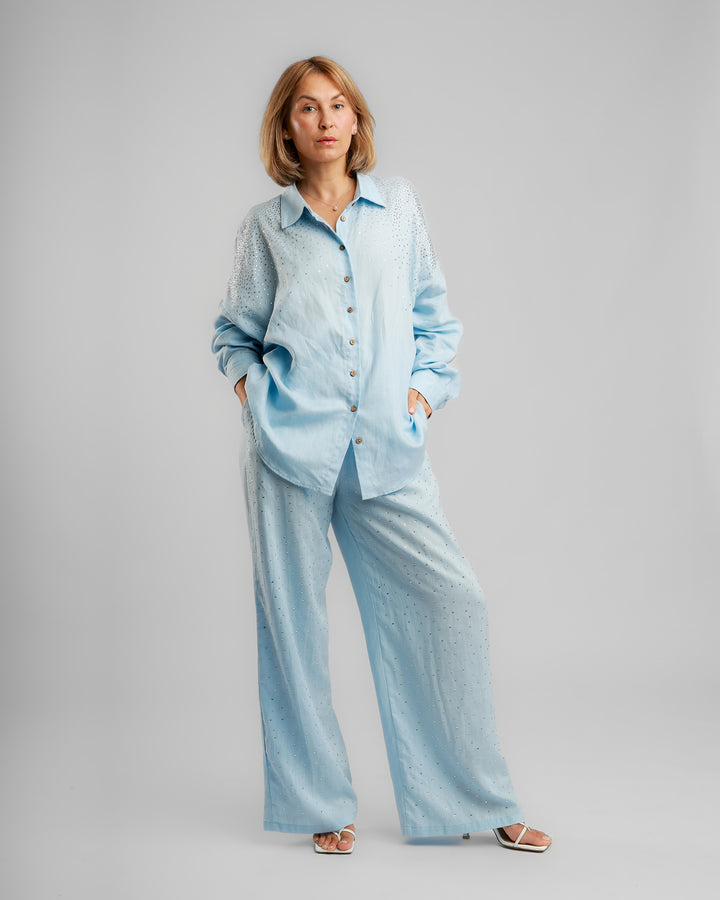 Linen Long Two-Piece Set - Embellished Light Blue