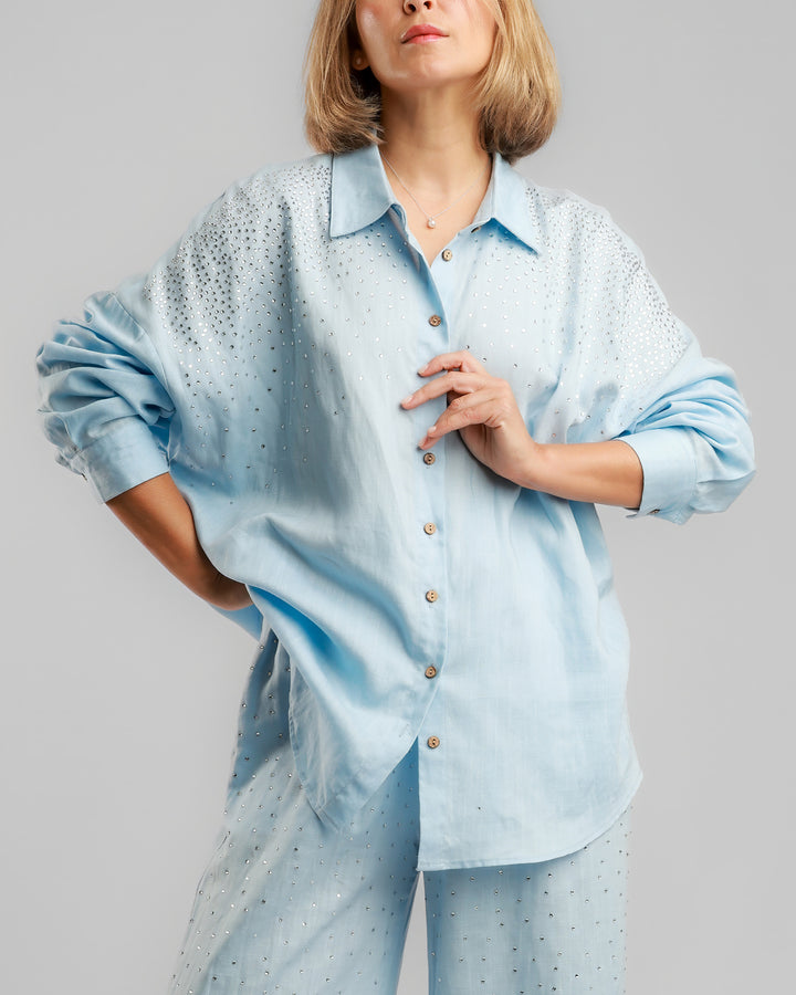 Linen Long Two-Piece Set - Embellished Light Blue