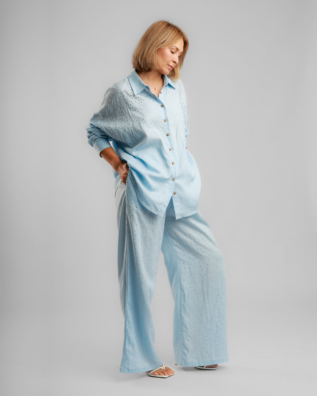 Linen Long Two-Piece Set - Embellished Light Blue