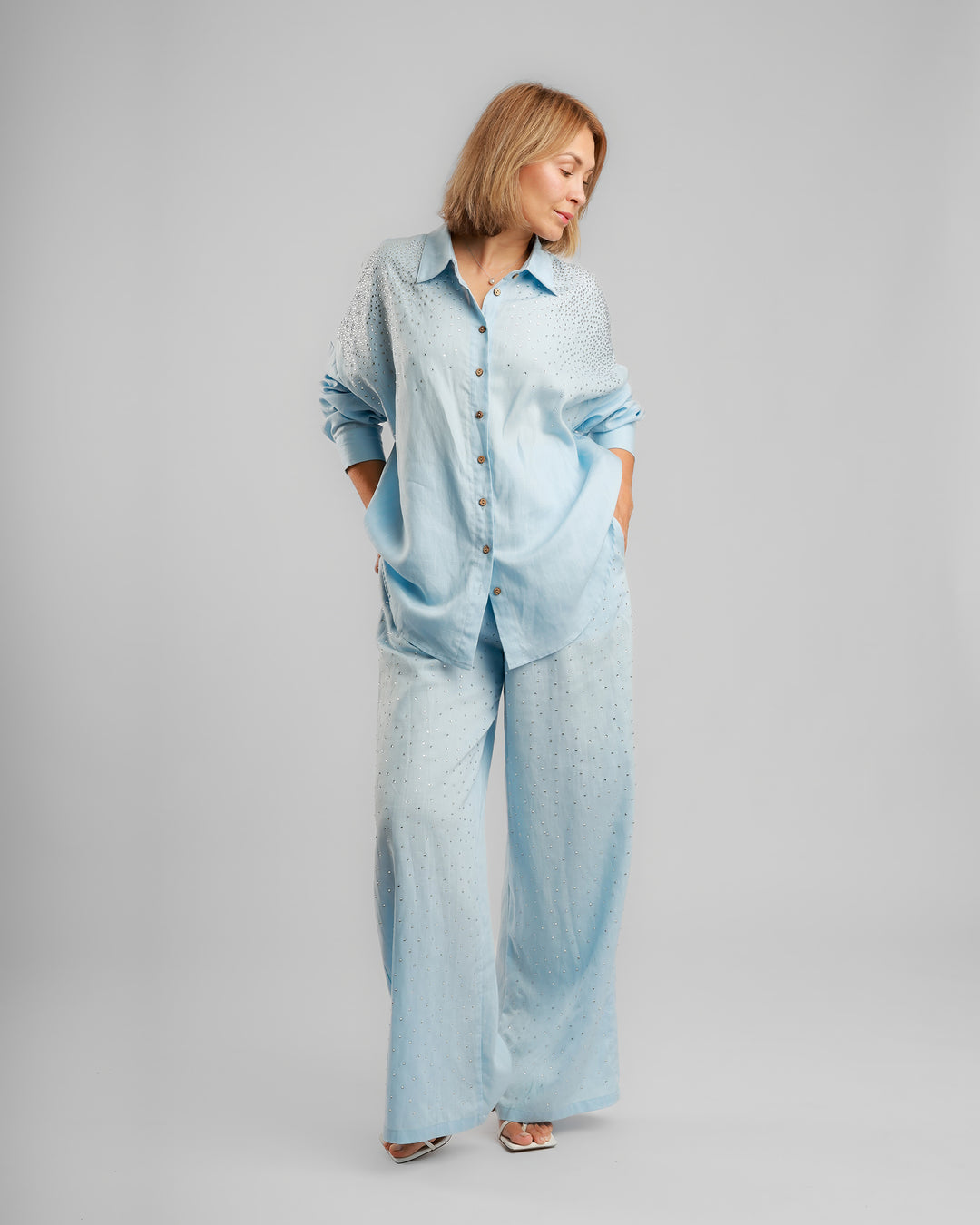 Linen Long Two-Piece Set - Embellished Light Blue
