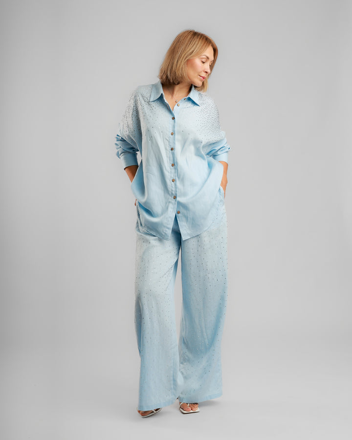 Linen Long Two-Piece Set - Embellished Light Blue