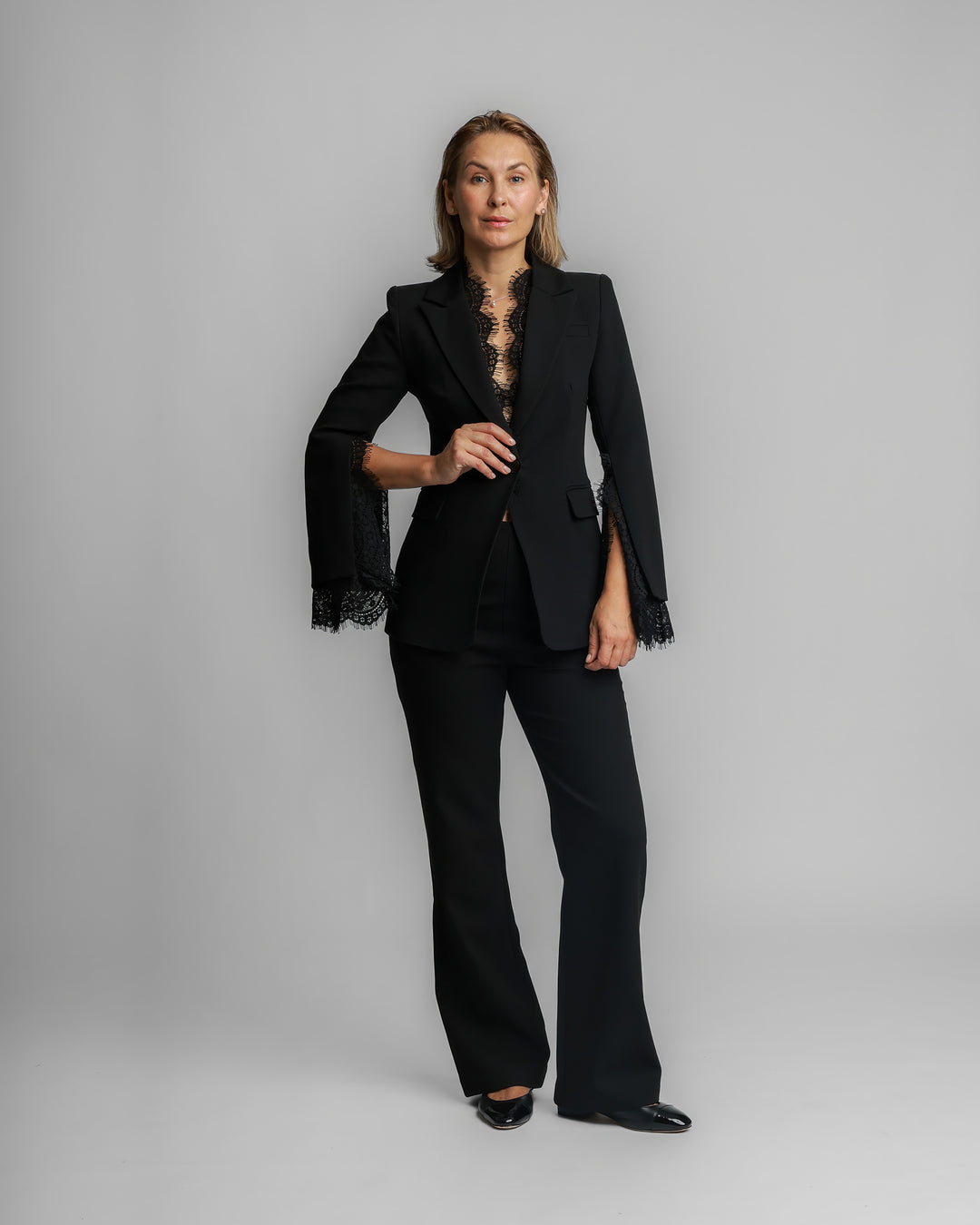 Lace-Trim Tailored Suit Black ENLACE FASHION Lace-Trim Tailored Suit Black ENLACE FASHION