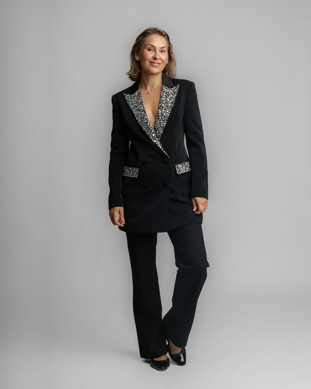 Embellished Black Blazer with Crystal Detailing