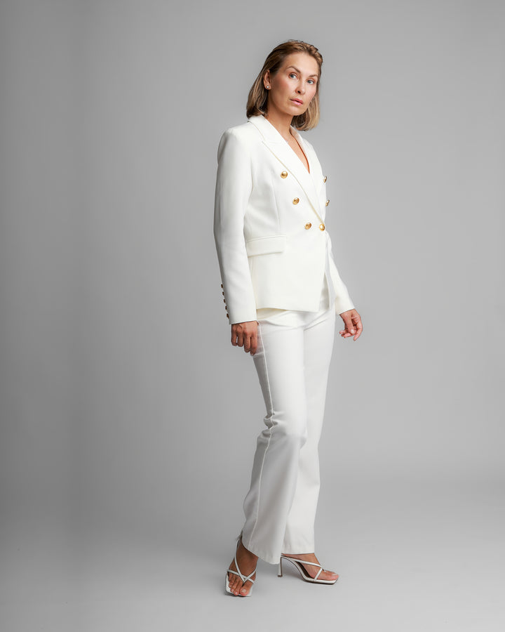 Double-Breasted White Blazer with Gold Buttons