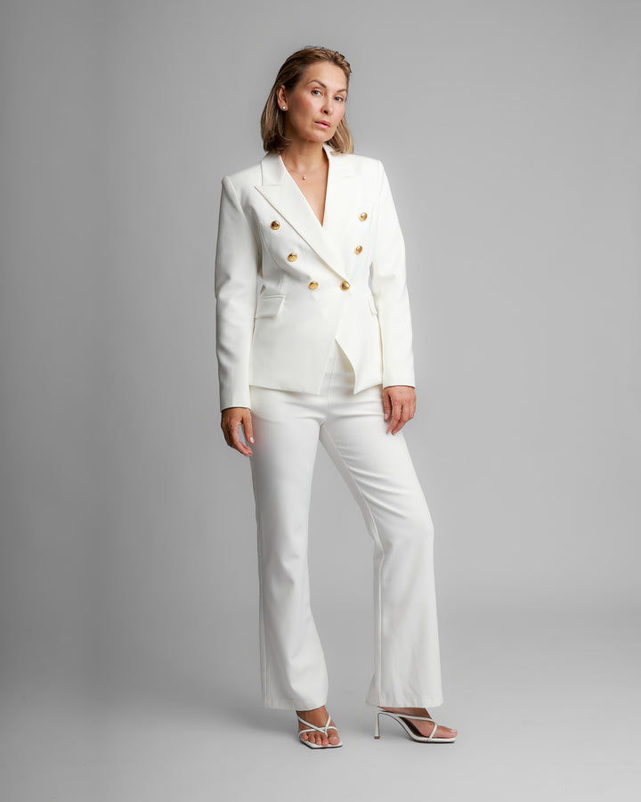 Double-Breasted White Blazer with Gold Buttons