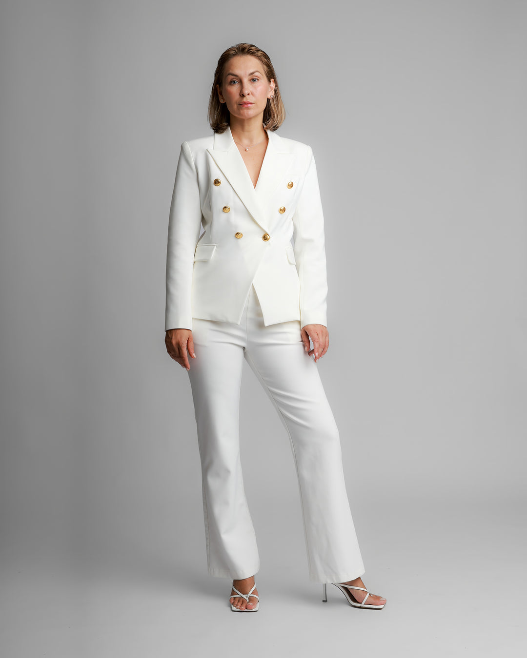 Double-Breasted White Blazer with Gold Buttons