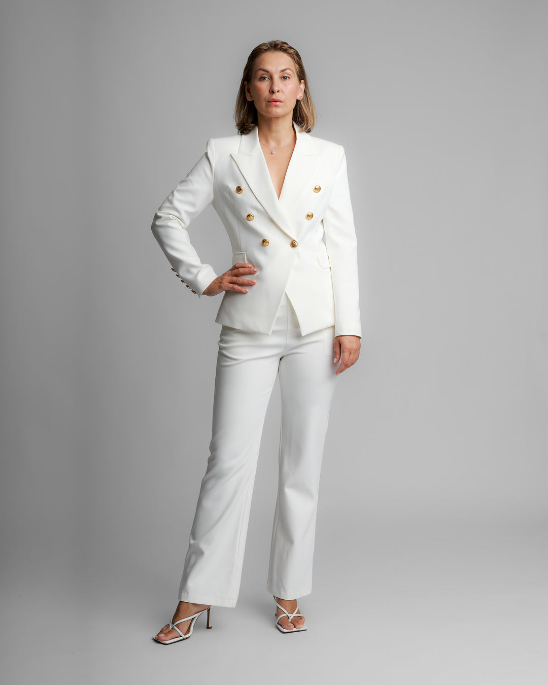 Double-Breasted Suit with Gold Buttons – White