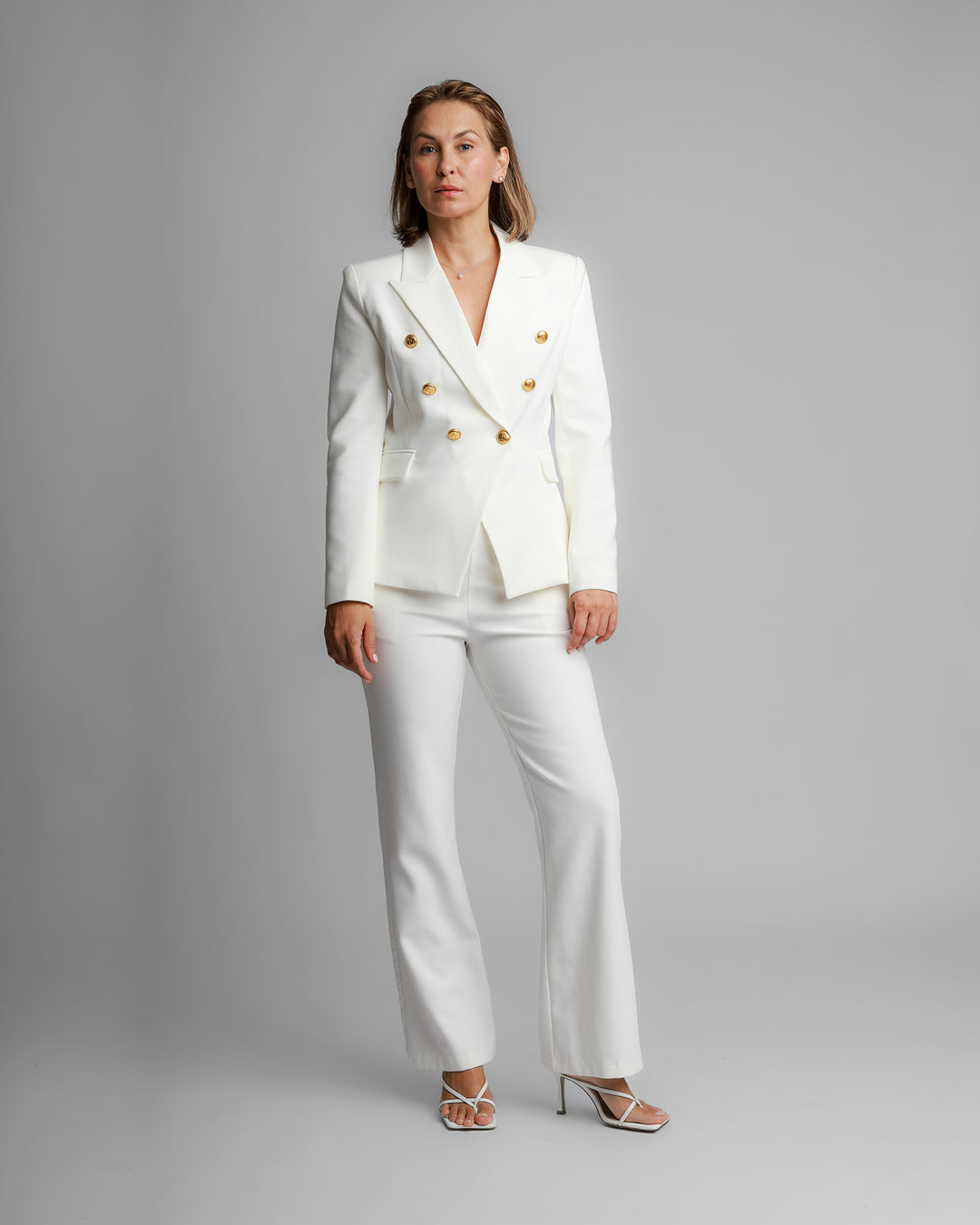 Double-Breasted Suit with Gold Buttons – White