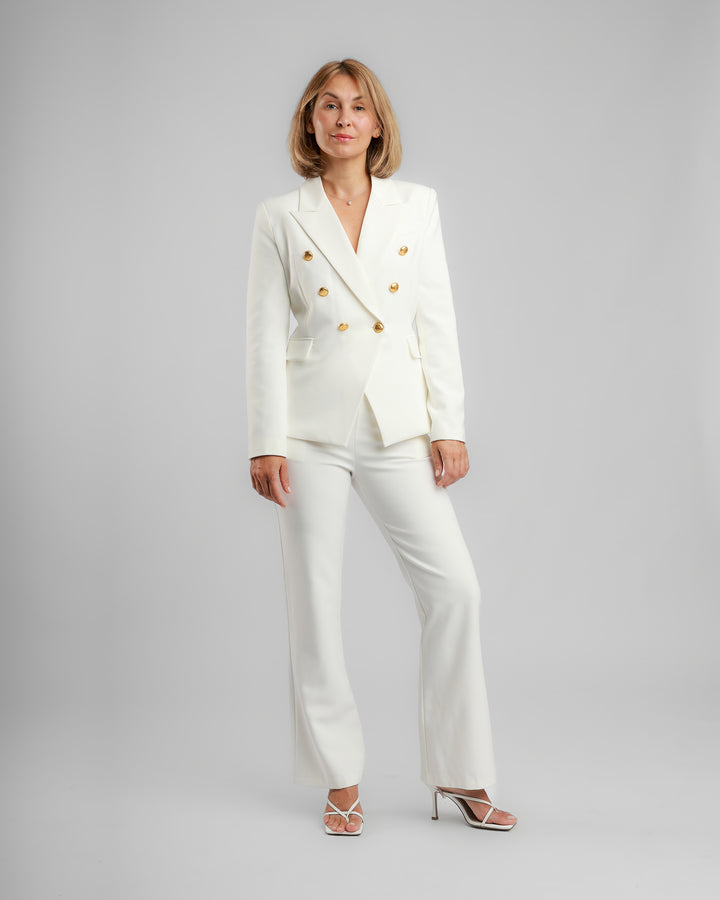 Double-Breasted White Blazer with Gold Buttons