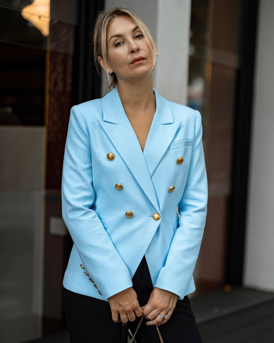 Double-Breasted Sky Blue Blazer with Gold Buttons ENLACE FASHION Double-Breasted Sky Blue Blazer with Gold Buttons ENLACE FASHION