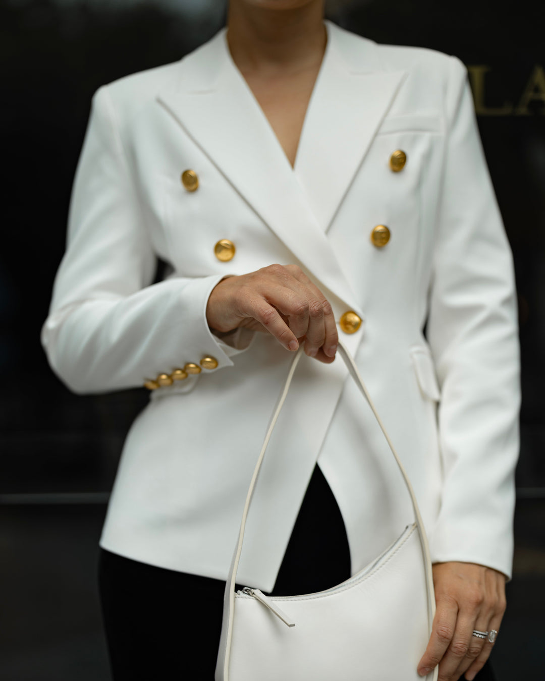 white blazer dress gold buttons MARINA Tailored Blazer Mini Dress With Gold Embellishment In White