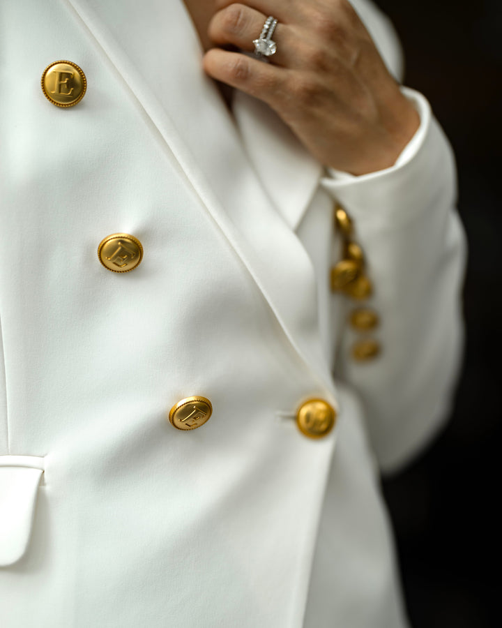 Double-Breasted White Blazer with Gold Buttons