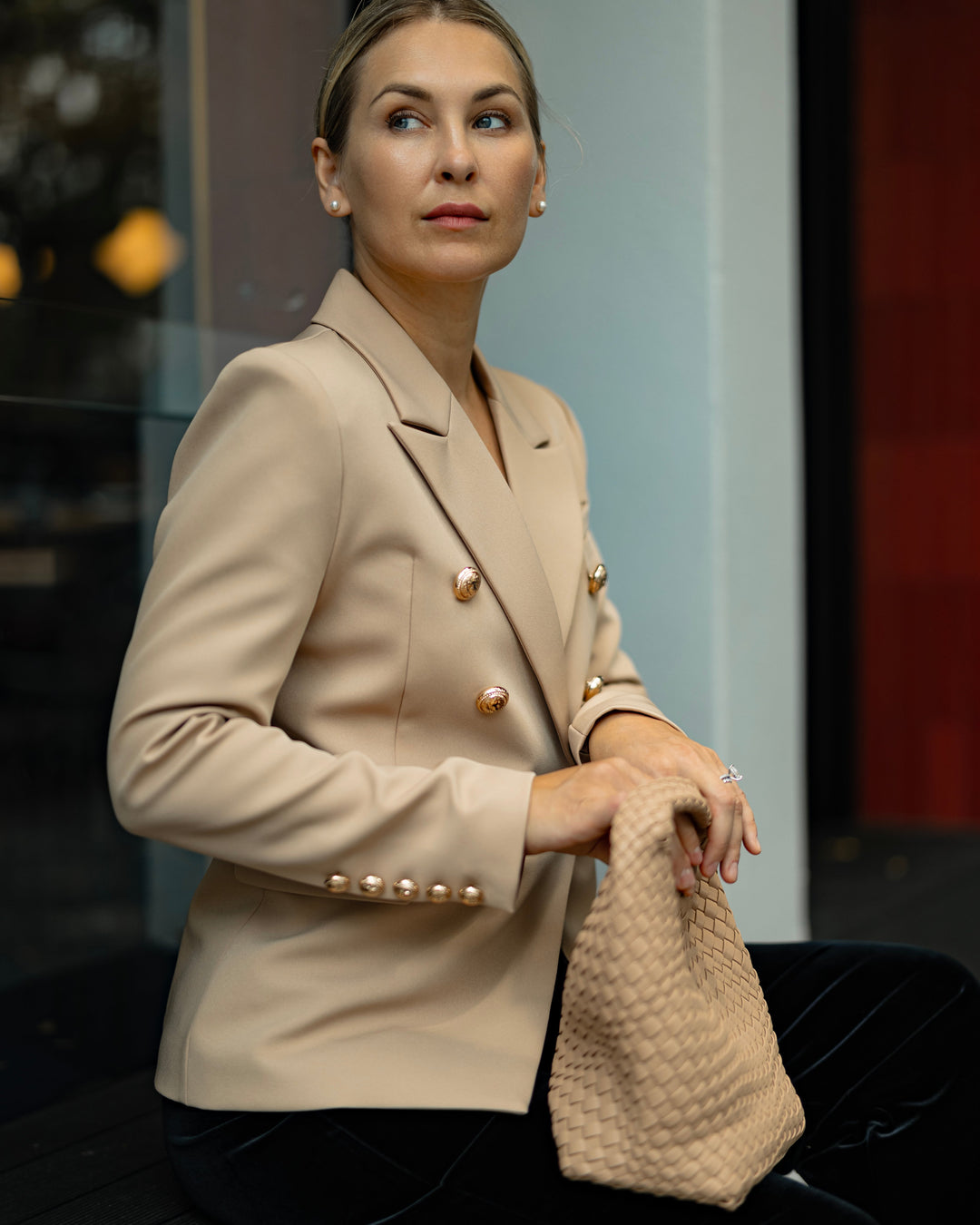 Double-Breasted Camel Blazer with Gold Buttons – ENLACE FASHION